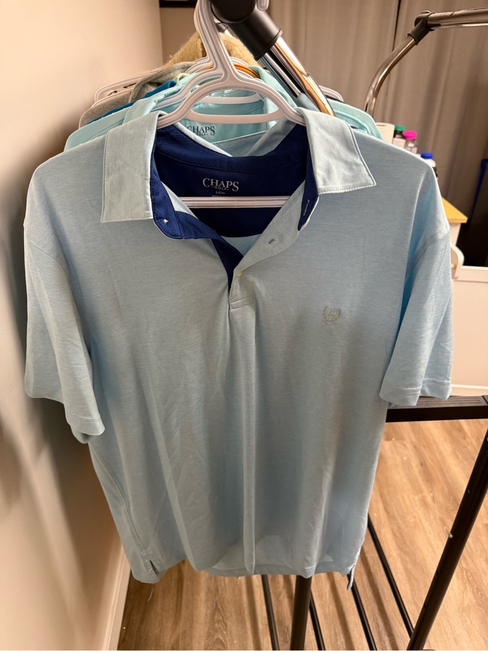 Chaps Light Blue Polo with Navy Contrast Collar